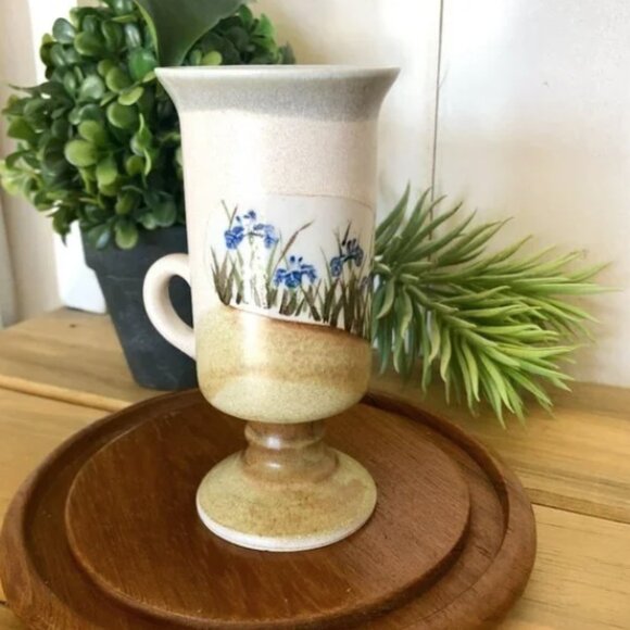 Retro 90s Glazed Pottery Latte Espresso Pedestal Mug Hand painted Floral - Picture 1 of 4